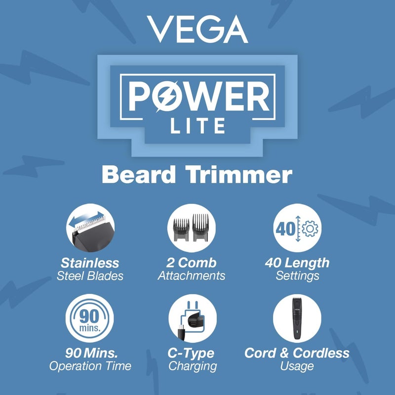 VEGA Power Lite Beard Trimmer for Men (VHTH-38, Black) | Ultra-Lightweight Corded & Cordless Grooming Machine | 40 Length Settings (0.5mm-20mm) & 90 Mins Runtime | Type-C Fast Charging & Travel Lock - Image 2